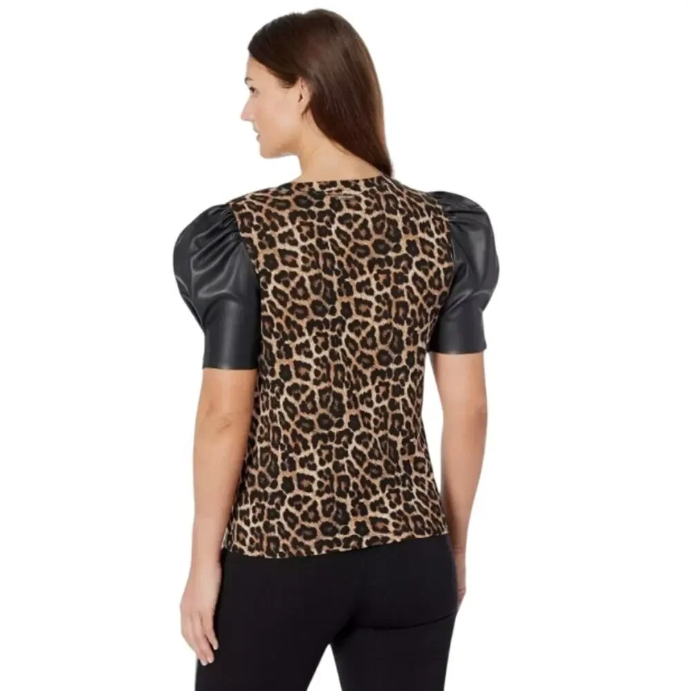 Michael Kors Leopard Print Faux Leather Sleeves Size XS - Picture 4 of 15